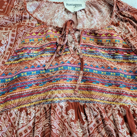 Savanna Jane Blouse Embroidered Shirt Floral Bandana Print Rayon Size Large - Picture 2 of 7